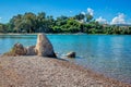 Beautiful landscape Ã¢â¬â sea lagoon with turquoise calm water, stones and rocks on the beach Royalty Free Stock Photo